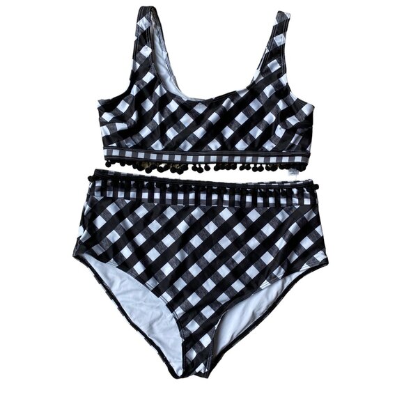 ASOS Plaid Gingham Pom Pom Trim Black Bikini Set Beach Coastal Swim-14~36DD/E - Picture 1 of 15